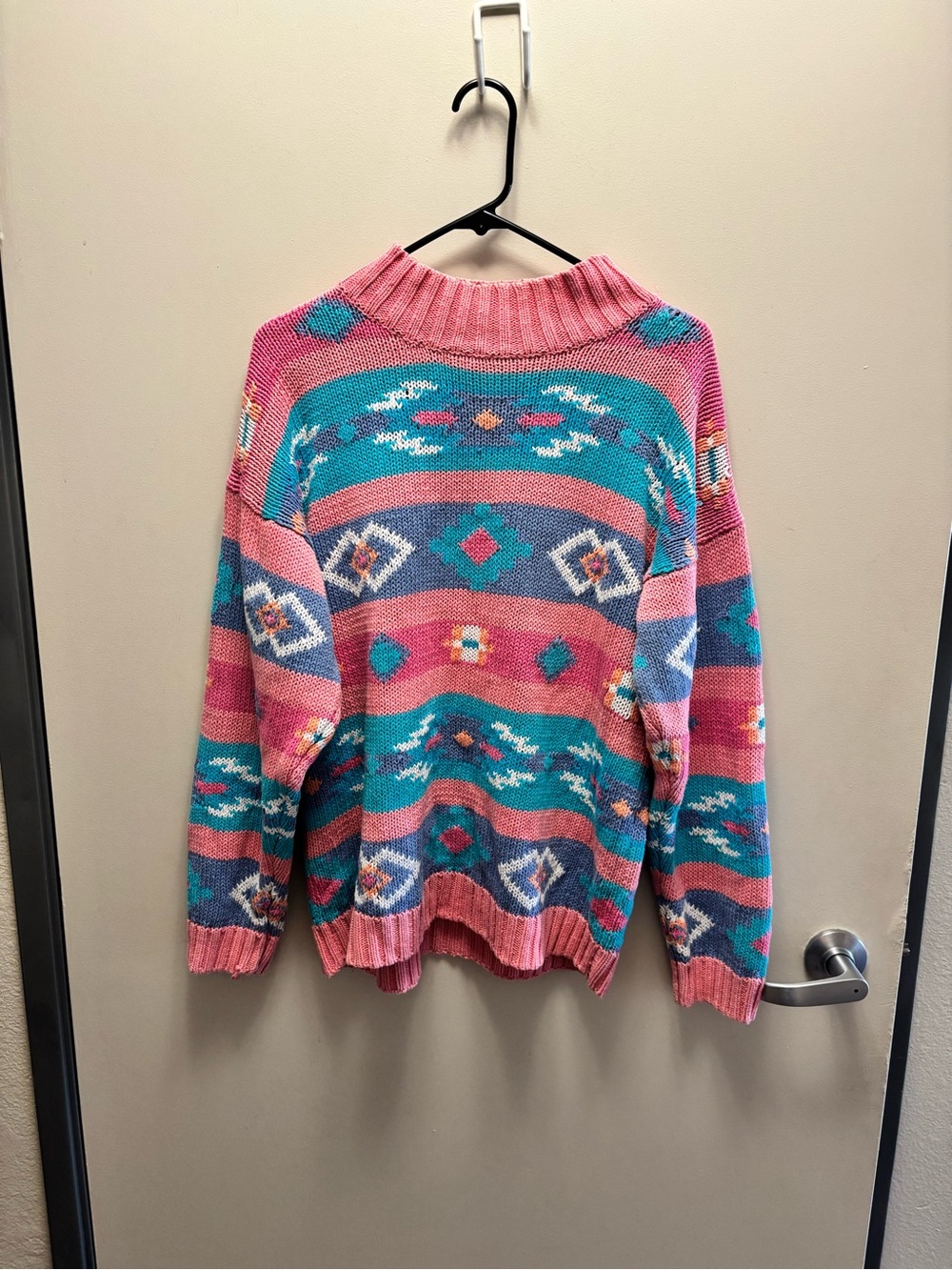 Vintage Pink & Teal Southwestern Pattern Knit Turtleneck Sweater size L
